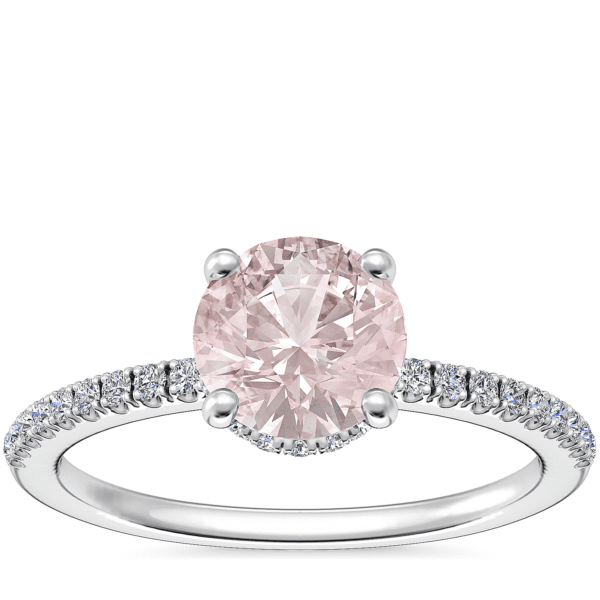 Petite Micropave Hidden Halo Engagement Ring with Round Morganite in 14k White Gold (6.5mm)