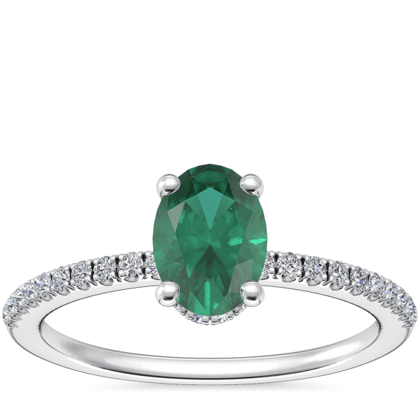 Petite Micropave Hidden Halo Engagement Ring with Oval Emerald in 14k White Gold (7x5mm)