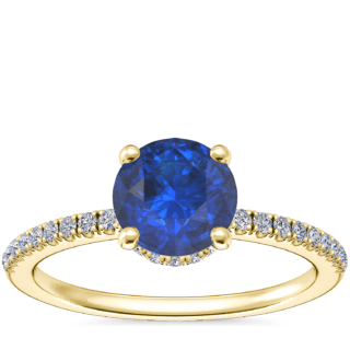 Petite Micropave Hidden Halo Engagement Ring with Round Sapphire in 14k Yellow Gold (6mm)