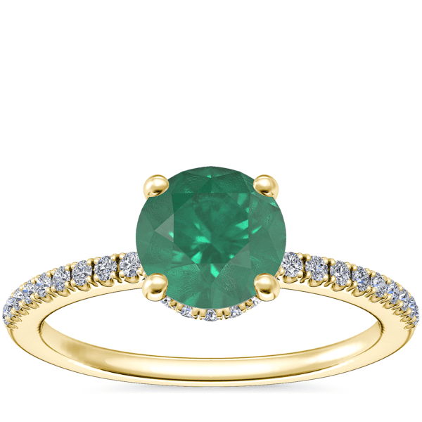 Petite Micropave Hidden Halo Engagement Ring with Round Emerald in 14k Yellow Gold (6.5mm)