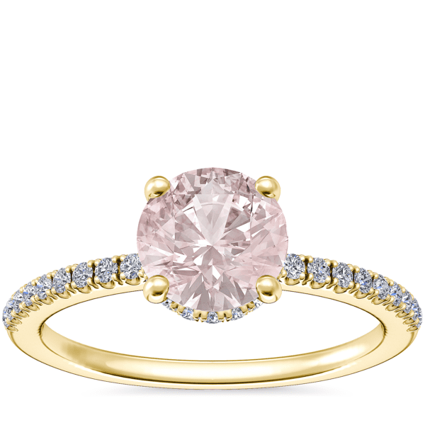 Petite Micropave Hidden Halo Engagement Ring with Round Morganite in 14k Yellow Gold (6.5mm)