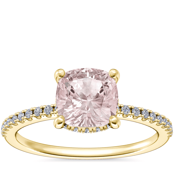 Petite Micropave Hidden Halo Engagement Ring with Cushion Morganite in 14k Yellow Gold (6.5mm)
