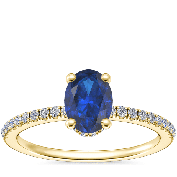 Petite Micropave Hidden Halo Engagement Ring with Oval Sapphire in 14k Yellow Gold (7x5mm)