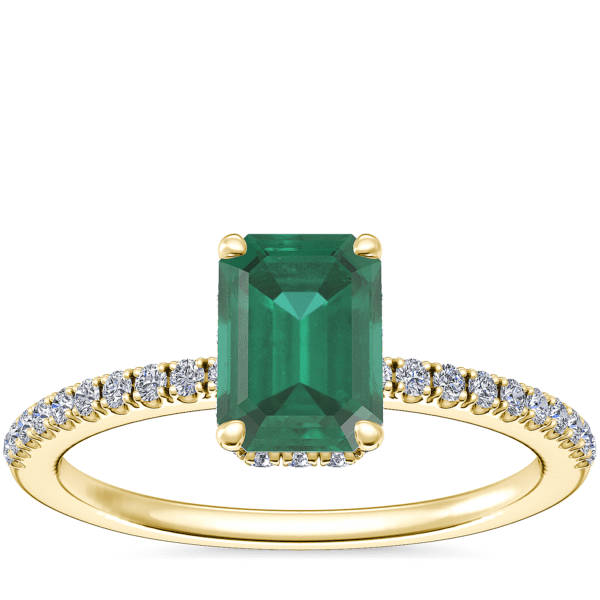 Petite Micropave Hidden Halo Engagement Ring with Emerald-Cut Emerald in 14k Yellow Gold (7x5mm)