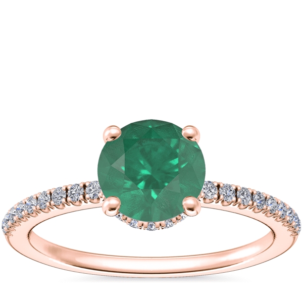Petite Micropave Hidden Halo Engagement Ring with Round Emerald in 14k Rose Gold (6.5mm)