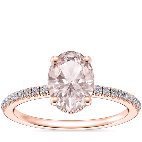 Petite Micropave Hidden Halo Engagement Ring with Oval Morganite in 14k Rose Gold (8x6mm)