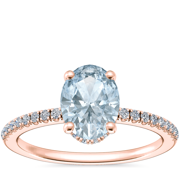 Petite Micropave Hidden Halo Engagement Ring with Oval Aquamarine in 14k Rose Gold (8x6mm)