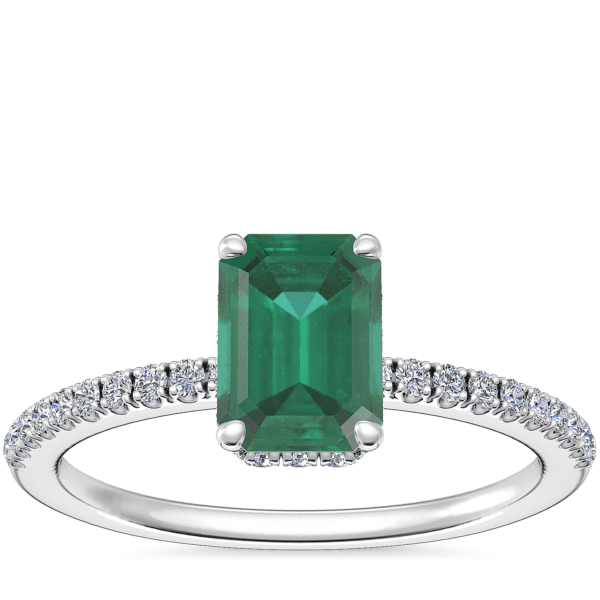 Petite Micropave Hidden Halo Engagement Ring with Emerald-Cut Emerald in Platinum (7x5mm)