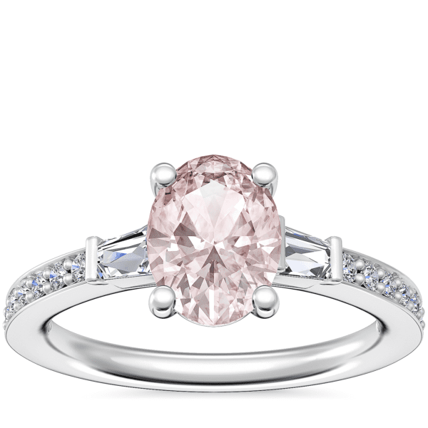 Tapered Baguette Diamond Cathedral Engagement Ring with Oval Morganite in Platinum (8x6mm)