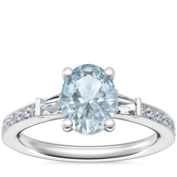 Tapered Baguette Diamond Cathedral Engagement Ring with Oval Aquamarine in Platinum (8x6mm)