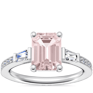 Tapered Baguette Diamond Cathedral Engagement Ring with Emerald-Cut Morganite in Platinum (8x6mm)