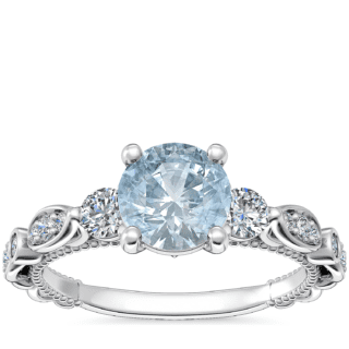 Floral Ellipse Diamond Cathedral Engagement Ring with Round Aquamarine in Platinum (6.5mm)