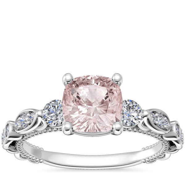 Floral Ellipse Diamond Cathedral Engagement Ring with Cushion Morganite in Platinum (6.5mm)
