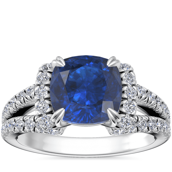 Split Semi Halo Diamond Engagement Ring with Cushion Sapphire in Platinum (8mm)