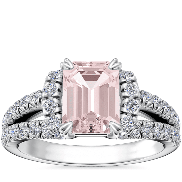 Split Semi Halo Diamond Engagement Ring with Emerald-Cut Morganite in Platinum (8x6mm)