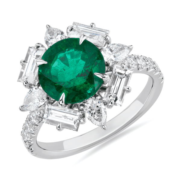 Emerald and Diamond Halo Ring in 18k White Gold (1.62 ct.tw.)