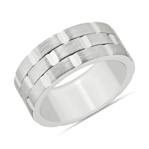 Staggered Cut Trio Wedding Band in 14k White Gold (9mm)