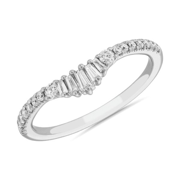 Petite Curved Baguette and Pave Diamond Wedding Band in Platinum (1/4 ct. tw.)