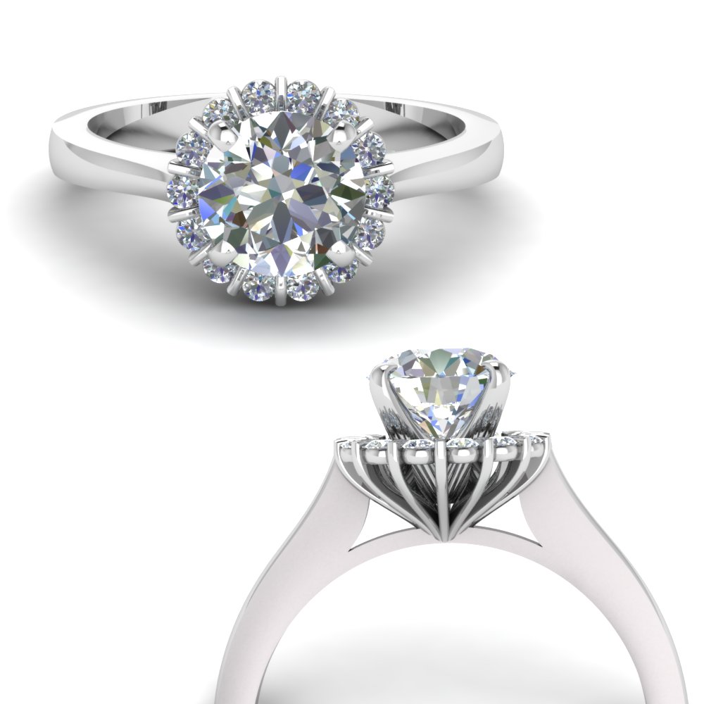 round cut nature inspired floral halo diamond engagement ring in 18K white gold FDENS3172RORANGLE3 NL WG